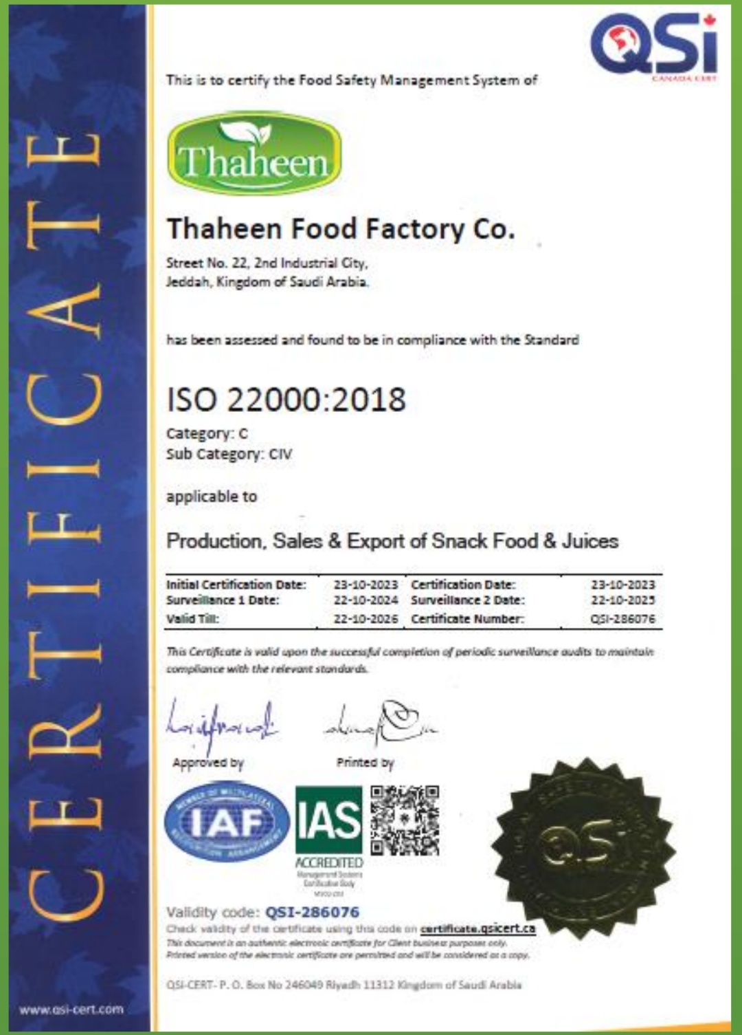 ISO 22000:2018 Certificate